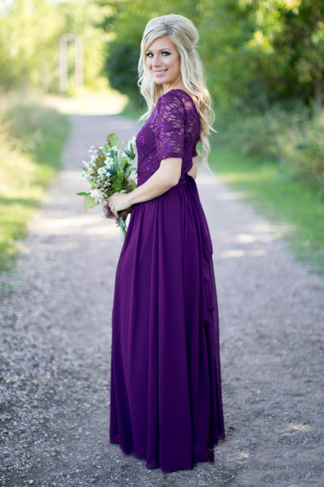 Purple Bridesmaid Dresses Vintage Lace with Short Sleeves Open Back Sash Chiffon Western Wedding Maid of Honor Dress Prom Evening Gowns