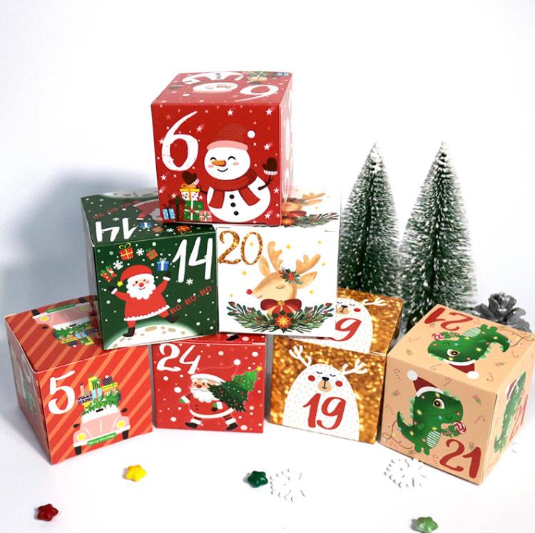 Joyeux Noël Calendrier de l'Avent Boîtes 24 jours Papier Kraft Compte à rebours de l'Avent Boîte-cadeau de bonbons pour les enfants et la famille Favour SN4994