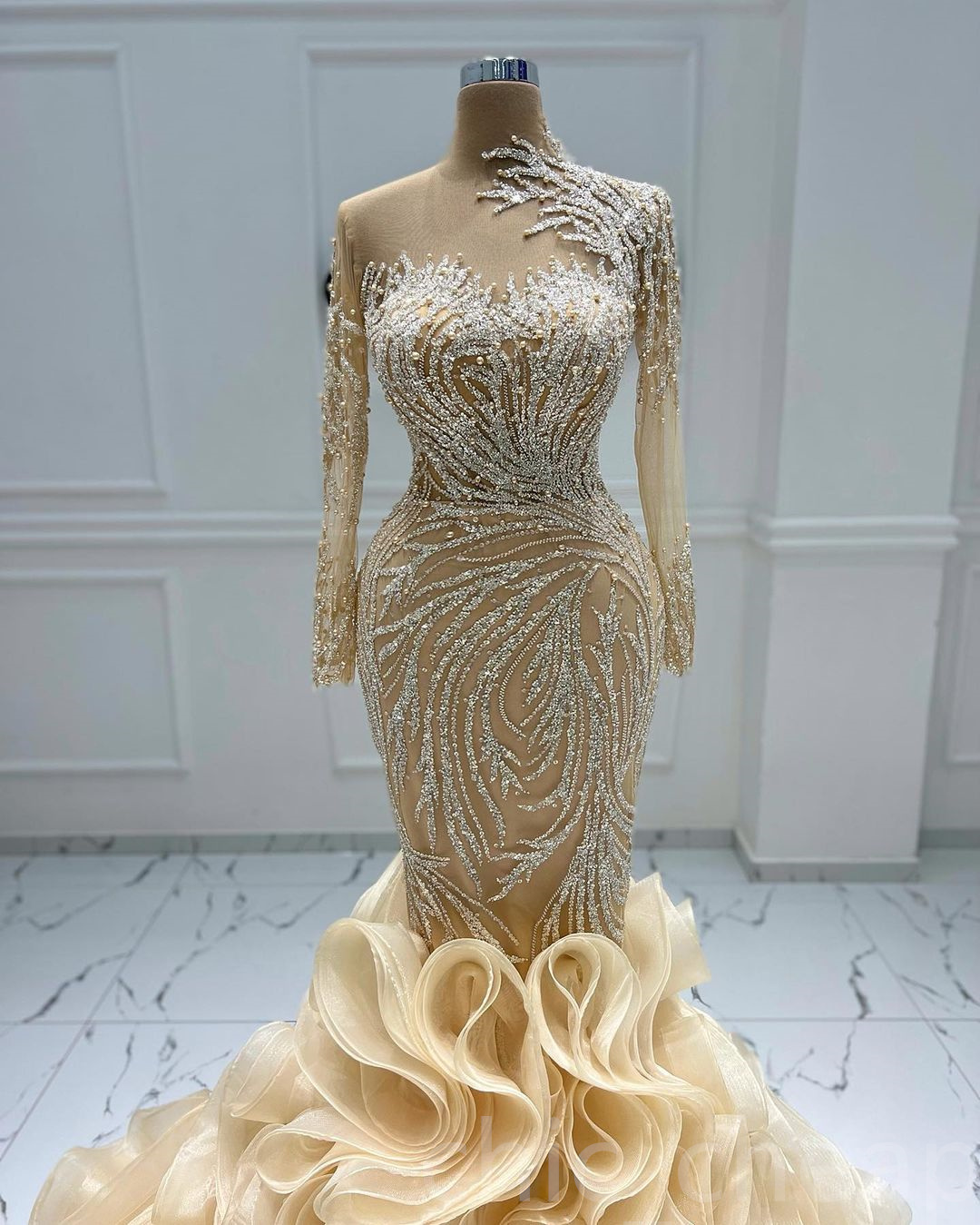 2022 Arabiska ASO EBI Champagne Mermaid Prom Dresses Sequined Lace Evening Formal Party Second Reception F￶delsedagsengagemang Kl￤nningar ZJ772