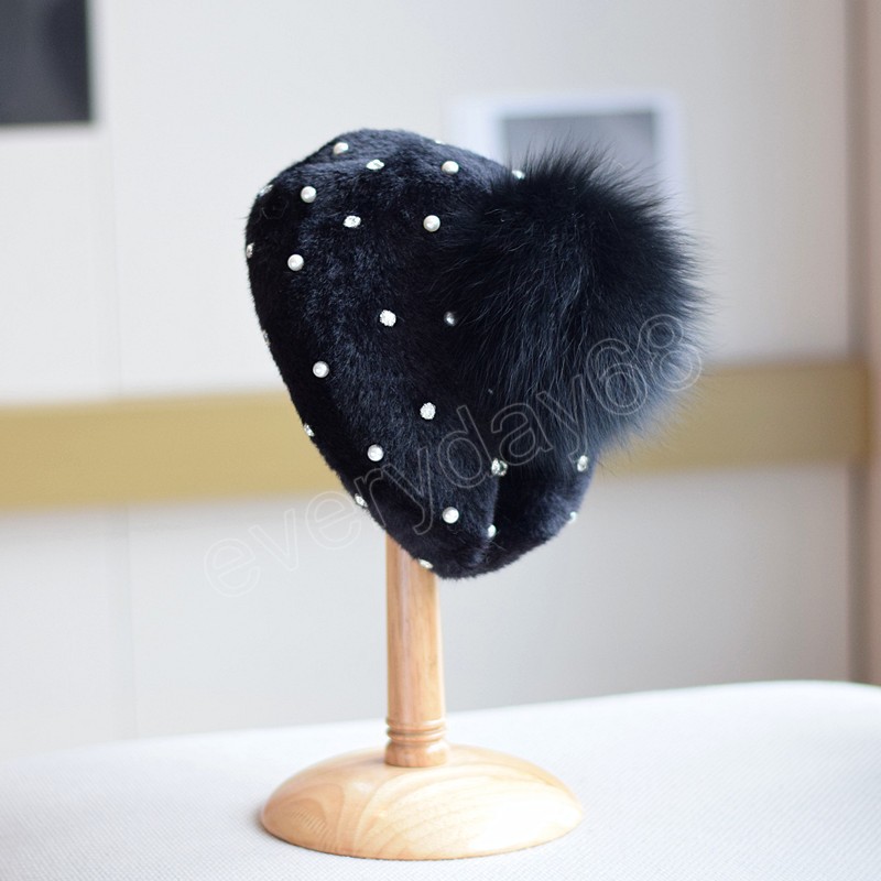 Дамские берет шляпы с лисой меховой помпот Crystal Имитация норки бархатные шапочки зима теплые женщины -живопис