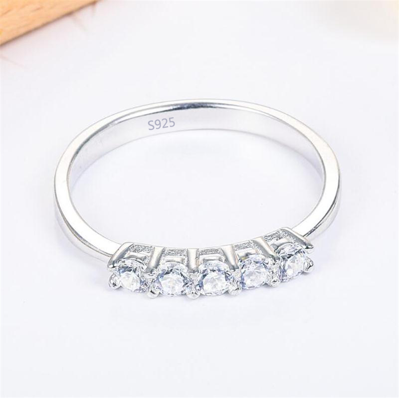 Genuine Sterling Silver Five 3mm Zirconia Diamond Ring Simple Single Row Bright CZ Ring Women Starlight Finger Fine Jewelry