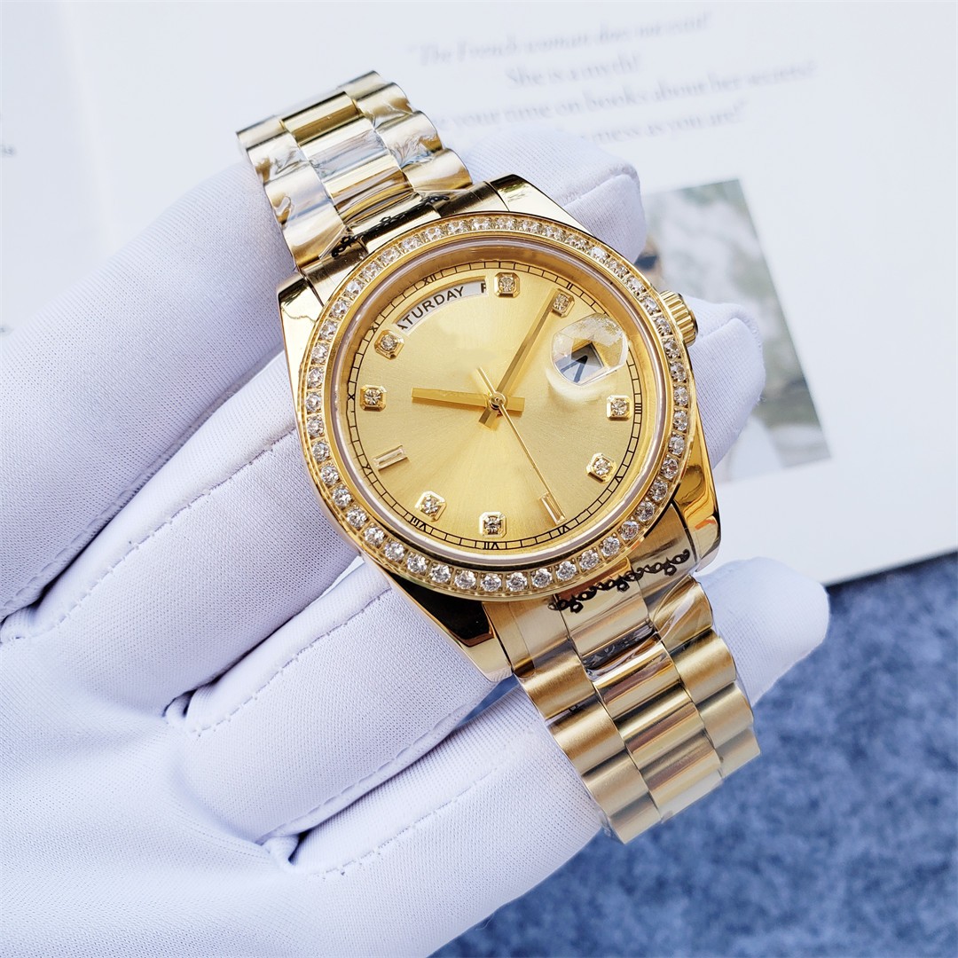 Nowe kobiety mechaniczne automatyczne tydzień zegarek geometryczny kalendarz na rękę ze zegarem ze stali nierdzewnej Złotne zegarki sportowe datę daty Lady Clock Wodoodporny 36 mm