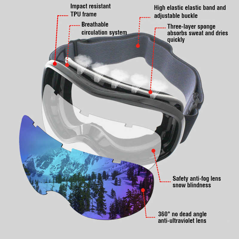 Skidglasögon Goggs Doub Layers UV400 Anti-dimma Big Mask Glasses Ing Snow Men Women Snowboard Ing Solglasögon Eglasögon L221022