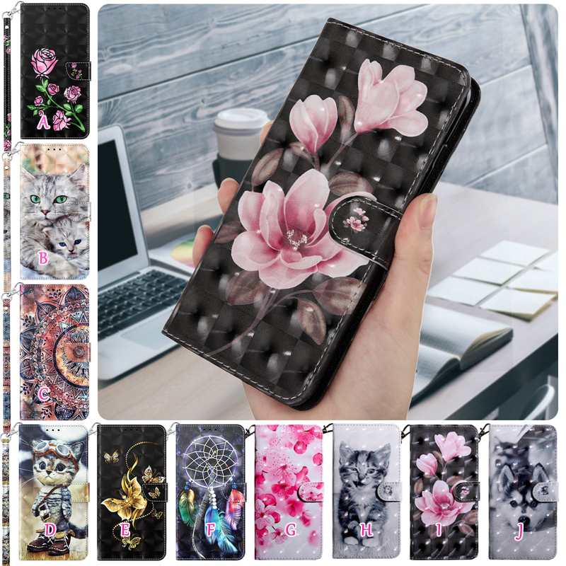 Étuis portefeuille en cuir 3D pour Samsung A54 S23 Plus Ultra A14 A04S A23E A04 Huawei Honor 50 X8 4G Mode Rose Fleur Sakura Papillon Chien Fente Pour Carte Flip Cover Holder Purse