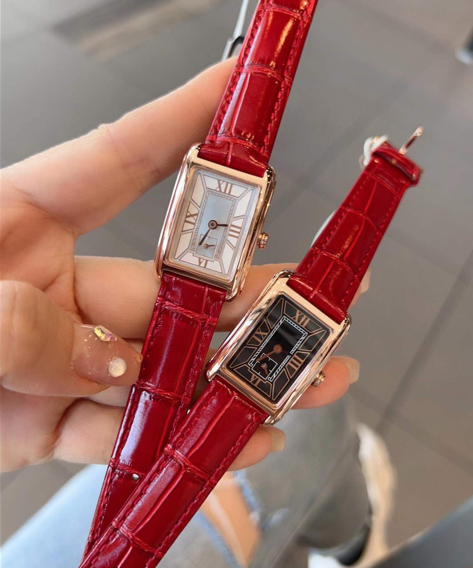 Classic Multi-function Quartz Stopwatch Brand Geometric Rectangle Watch Women Roman Number Wristwatch Female Red Genuine Leather Strap Waterproof