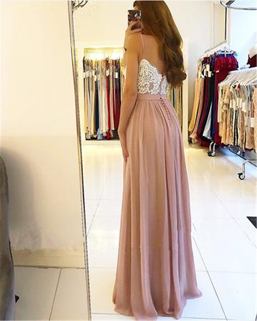 Blush Roze Lange Bruidsmeisjesjurken Hoge Kant Split Spaghetti A-lijn Applicaties Chiffon Bruiloft Gast Jurk Prom Partij Jassen