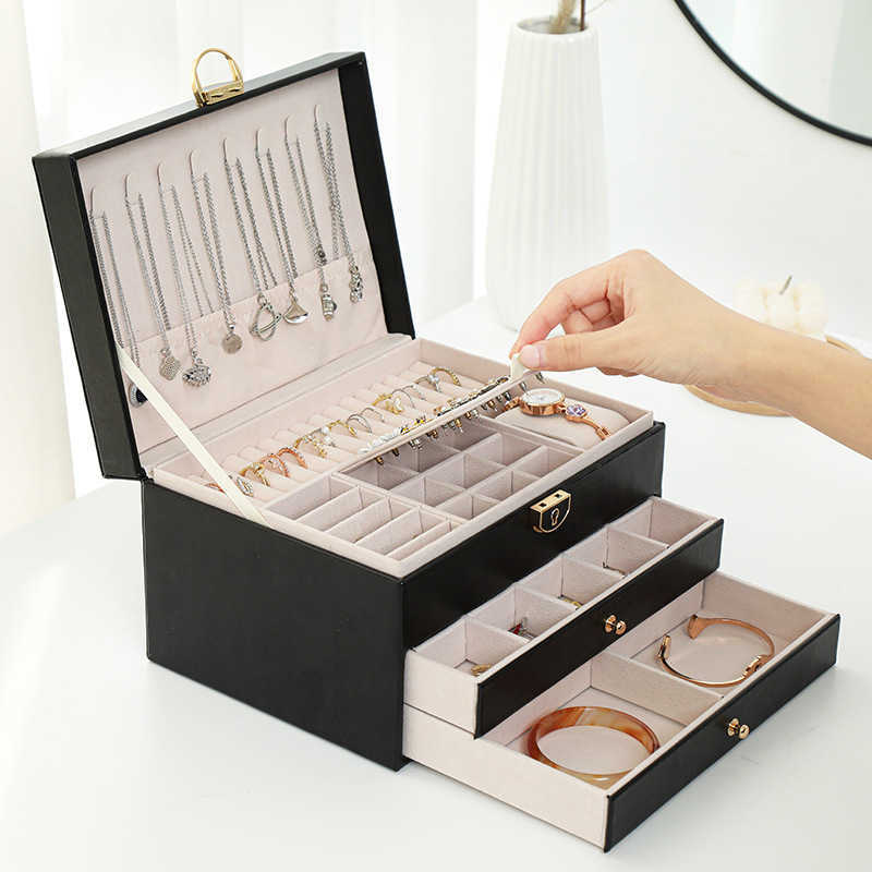 Pudełka biżuterii 3-warstwowe PU Organizator Naszyjniki Pierścienie Pierścienie Pierścienie Wyświetlacz Uchwyt Duża pojemność Prezent dla kobiet L221021214C