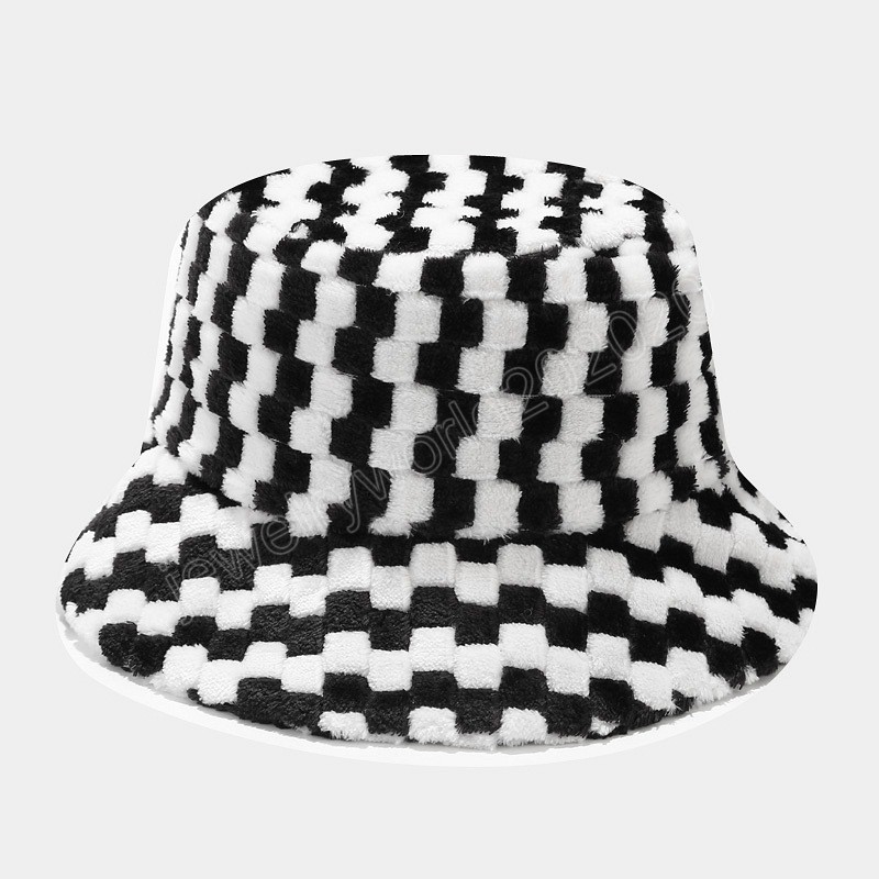 Cha cabelo de coelho artificial Hat chap￩u de inverno Mulheres chap￩us xadrez preto feminino Tweed Bucket Hat Ladies Panam￡