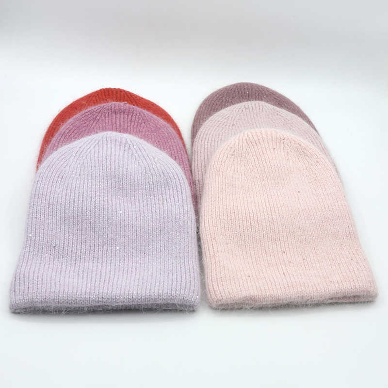 Feanie/crânio Caps 2022 Moda Angora Sofme Cashmere Winter Hat Women Women Solid Rabbit Fur lantejous brilho de gorro grosso dos críticos quentes de malha T221020