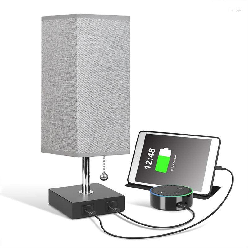 Lampes de table Lampe de chevet nordique Tirant l'interrupteur Bureau Table de nuit avec 2 USB Charge Lin Shade pour la maison Chambre Décor Lighting262V