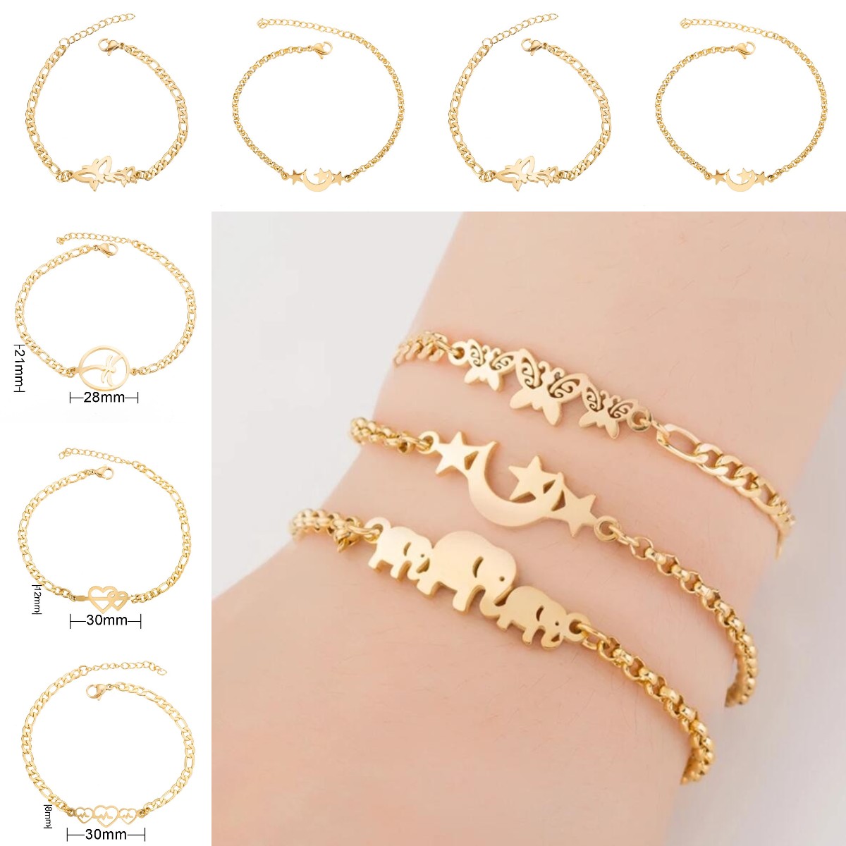 Bohemia Stainless Steel Butterfly Charm Bracelet For Women Fashion Girls Gold Color Elephant star moon Wrist Jewelry Party Wedding Gift
