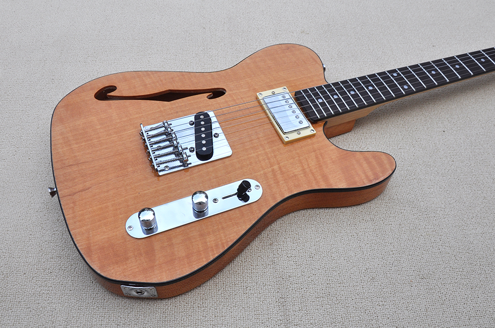 La guitarra eléctrica marrón personalizada de fábrica con cuerpo semi-hueco de hardware cromado de hardware de caoba se puede personalizar