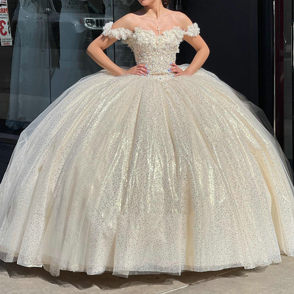Kwiaty szampańskie kryształowa sukienka quinceanera suknia balowa z aplikacji na ramię koronkowe konkurs urodzinowy sweet 16 vestidos de 15 anos