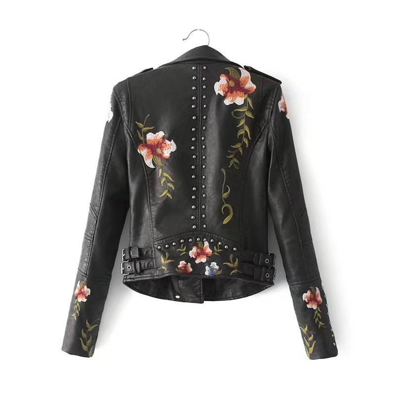 Women Jackets Retro Floral Printing Embroidery Imitation Soft Leather Jacket Lapel Fashion Short Coat