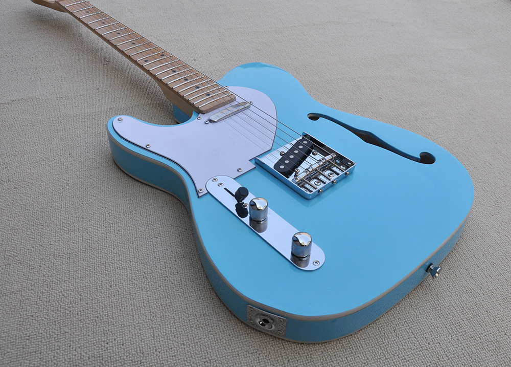 Guitarra elétrica azul -céu personalizada com bordo do braço da garganta esquerda do orifício lateral pode ser personalizado