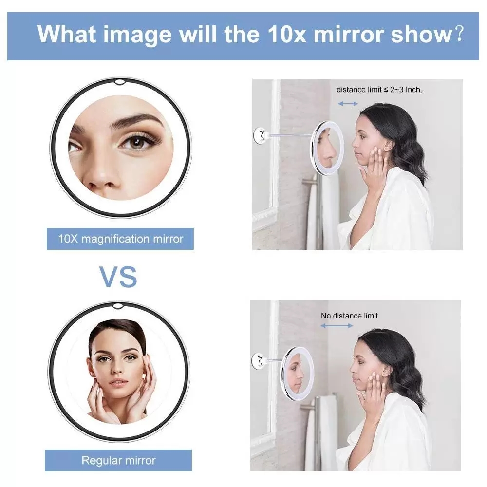 Miroir de maquillage à grossissement 10X, ventouse LED avec col de cygne, tuyau métallique allongé, miroir Flexible à Rotation de 360 degrés