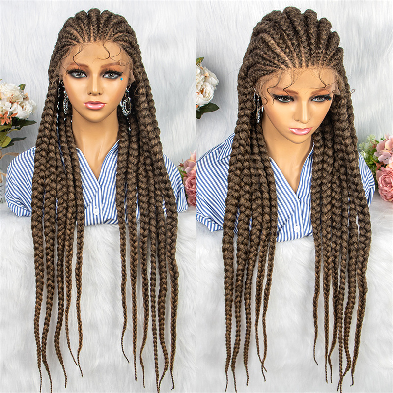 Caixa frontal de renda completa Simulação de perucas sintéticas trançadas, peruca de cabelo humano 34 polegadas de comprimento Pelucas para mujer H82345