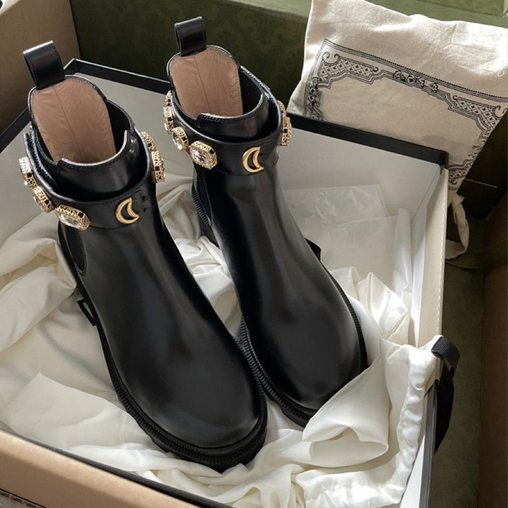 Nya ankelstövlar Autumn Winter Leather Shoes Rhinestone Platform Shoes High Heels Elastic Designer Doc Martens Non-Slip Fashion 35-41