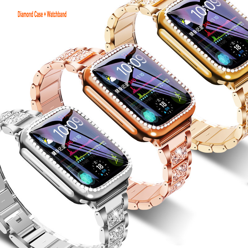Women Bands Case Compatible for Apple Watch Band 45mm 41mm 38mm 40mm 42mm 44mm With 2 Pack Bling Crystal Diamonds Case Cover IWatch SE Series 7 6 5 4 3 2 1 Smartwatch