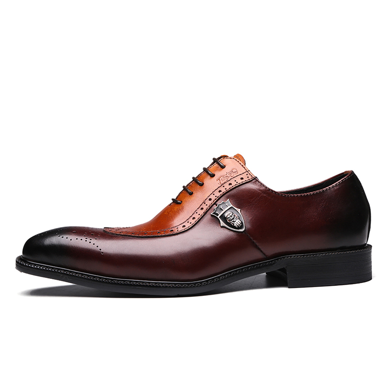 Luxury Classic Mens Brogue Oxford Dress Shoes äkta ko läder brun spetsig tå snörning bröllopsfest formell sko för män