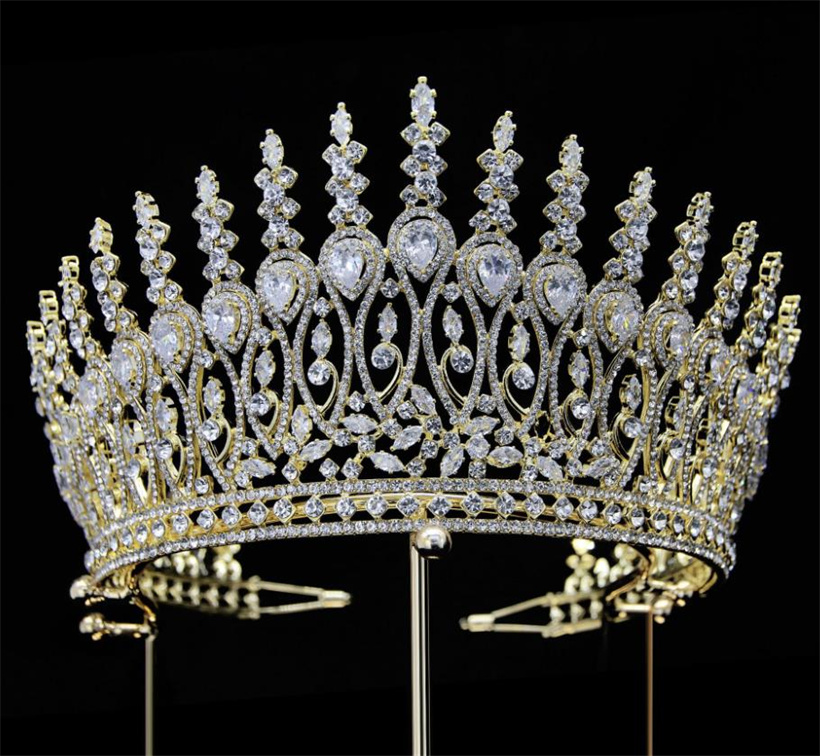 Optocht lang enorme kroon tiara bruiloft bruids kristal strass haaraccessoires sieraden feest prom hoofdtooi ornament zilvergouden ornament