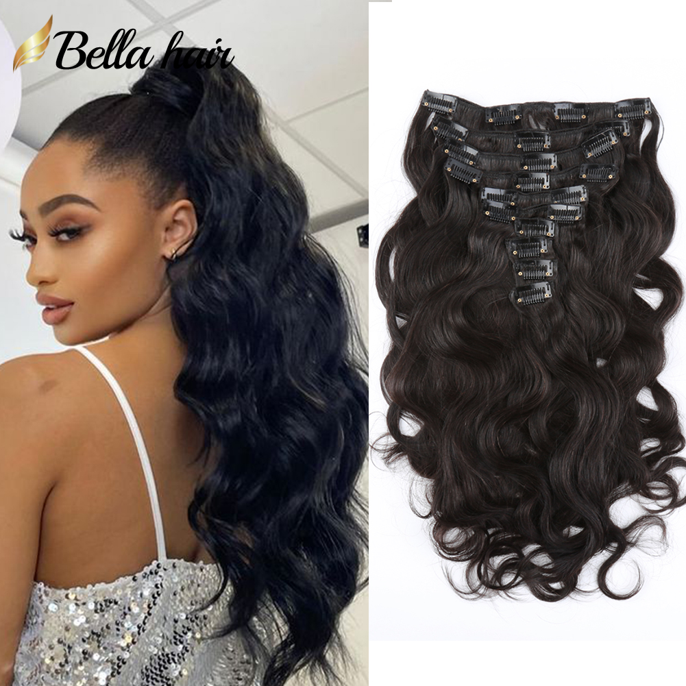 Clip dritta nelle estensioni dei capelli Capelli umani 21 pezzi set con 18 clip Doppia trama Colore nero naturale le donne Qualità 11A Cuticola completa Remy Onda del corpo riccia profonda