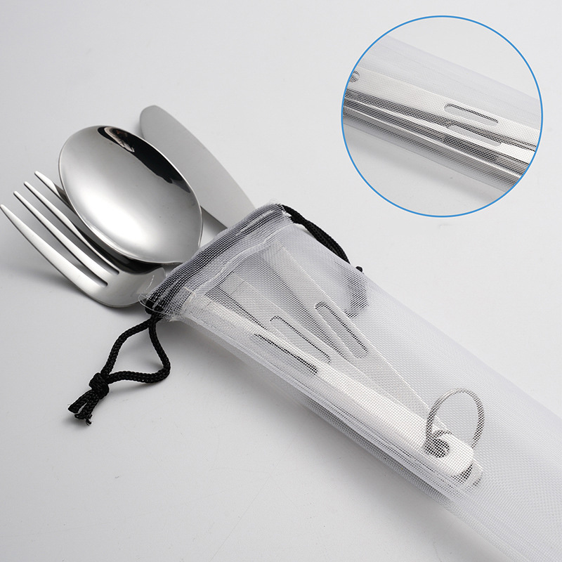 Campinggerei wandelen bestek set draagbaar roestvrij staal flatware lepel vork messpakket met gaaszak voor picknickreizen