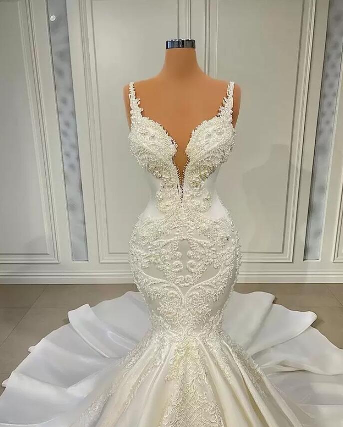 Plus size Arabische Aso Ebi Mermaid Trouwjurken Sexy Luxe Spaghetti Sweetheart Lace Kleed Kapel Trein Bruidaaljurken Jurken