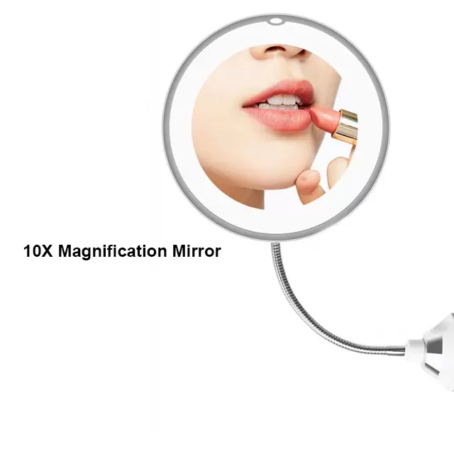 Miroir de maquillage à grossissement 10X, ventouse LED avec col de cygne, tuyau métallique allongé, miroir Flexible à Rotation de 360 degrés