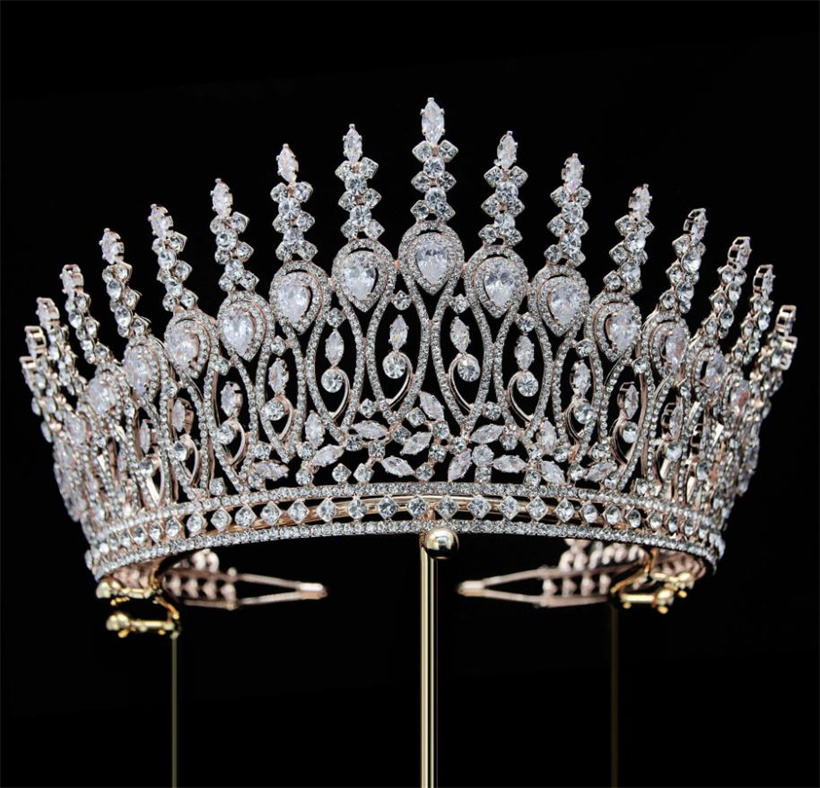 Optocht lang enorme kroon tiara bruiloft bruids kristal strass haaraccessoires sieraden feest prom hoofdtooi ornament zilvergouden ornament