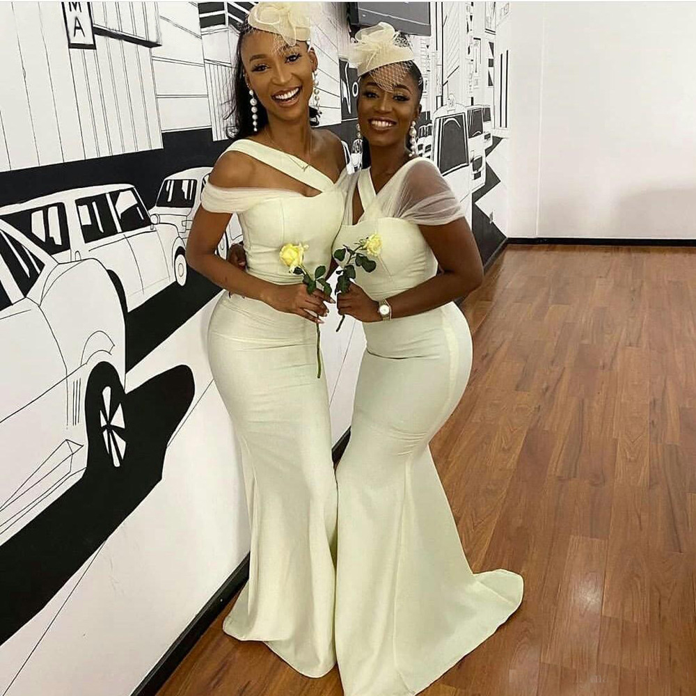 African Black Girls Bridesmaid Dresses New Sexy Mermaid White Satin Long Wedding Party Dress Women Formal Gowns Custom Prom Gowns