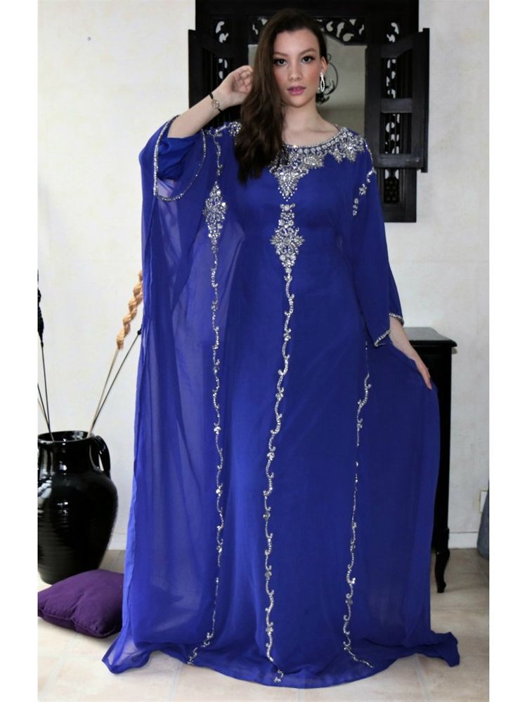 Royal Blue vestidos de noche árabe Dubai Abaya Marruecos cristales con cuentas de manga larga con capa hasta el suelo musulmán vestidos de fiesta de graduación