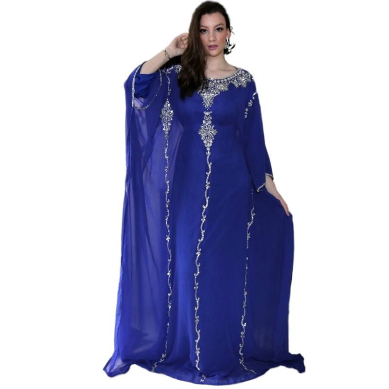 Elegant Royal Blue Evening Dresses Arabic Dubai Chiffon Abaya Crystals Beaded Long Sleeves Caped Floor Length Muslim Prom Party Gowns Custom Made 2023