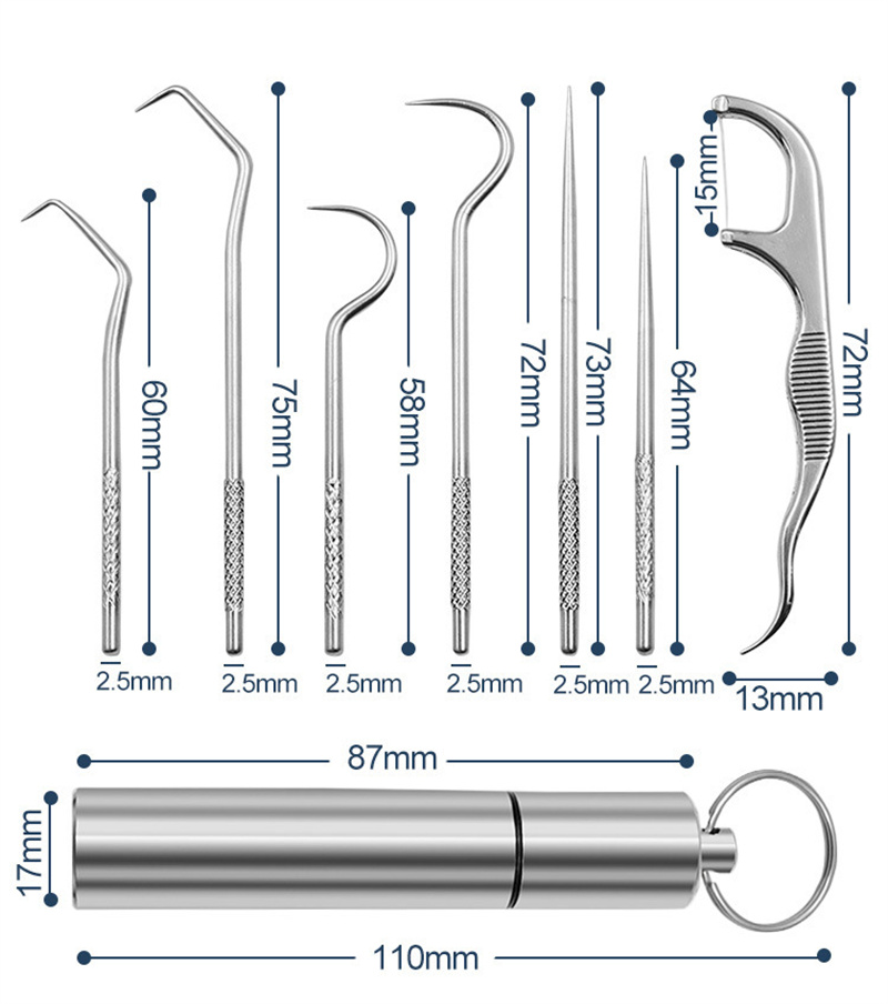 Ensemble de poche de cure-dents en acier inoxydable portable avec distributeur de support pique-nique en plein air Camping voyage 7 pièces cure-dents en métal réutilisables accessoire de cuisine