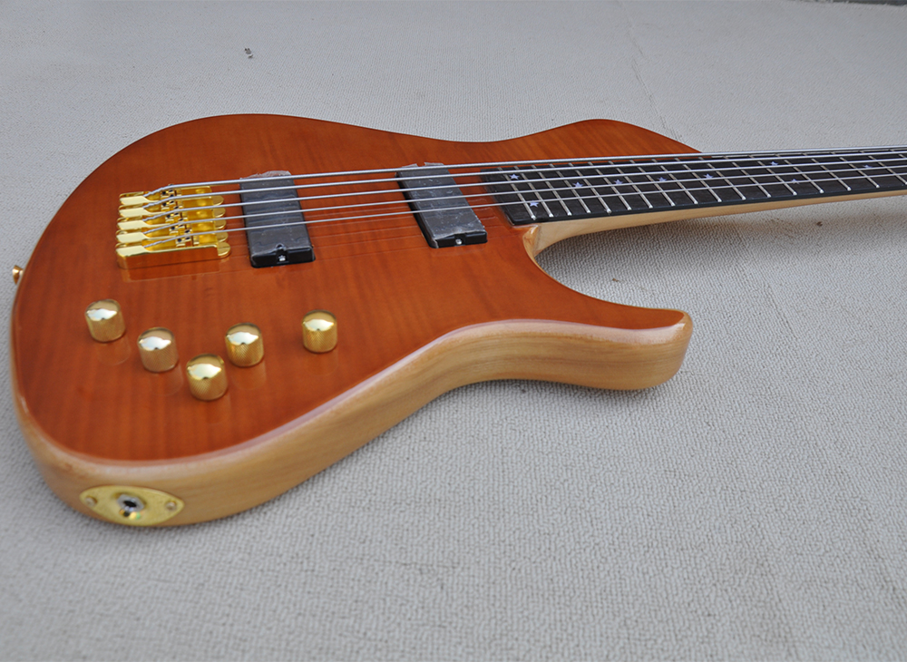 5 Strings Brown Neck Through Body Electric Bass Guitar with Rosewood Fretboard 24 Frets