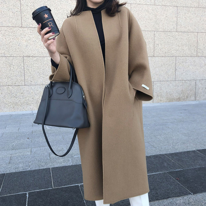 Womens Wool Blend Solid Long Sleeve Loose Overcoat Outwear Fashion Korean Style Tops Autumn Winter Casual Coat Cardigan 221021