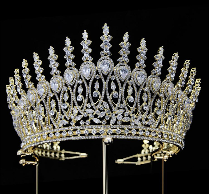 Optocht lang enorme kroon tiara bruiloft bruids kristal strass haaraccessoires sieraden feest prom hoofdtooi ornament zilvergouden ornament