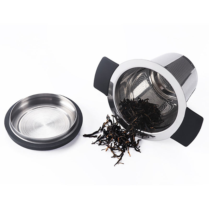 Infusore tè riutilizzabile in acciaio inox Cestello tè a maglia fine Filtro tè con manici Coperchio Filtri caffè e tè LX5212