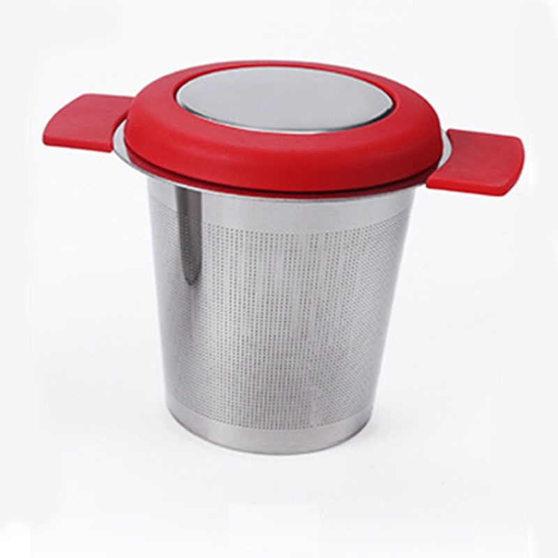 Infusore tè riutilizzabile in acciaio inox Cestello tè a maglia fine Filtro tè con manici Coperchio Filtri caffè e tè LX5212