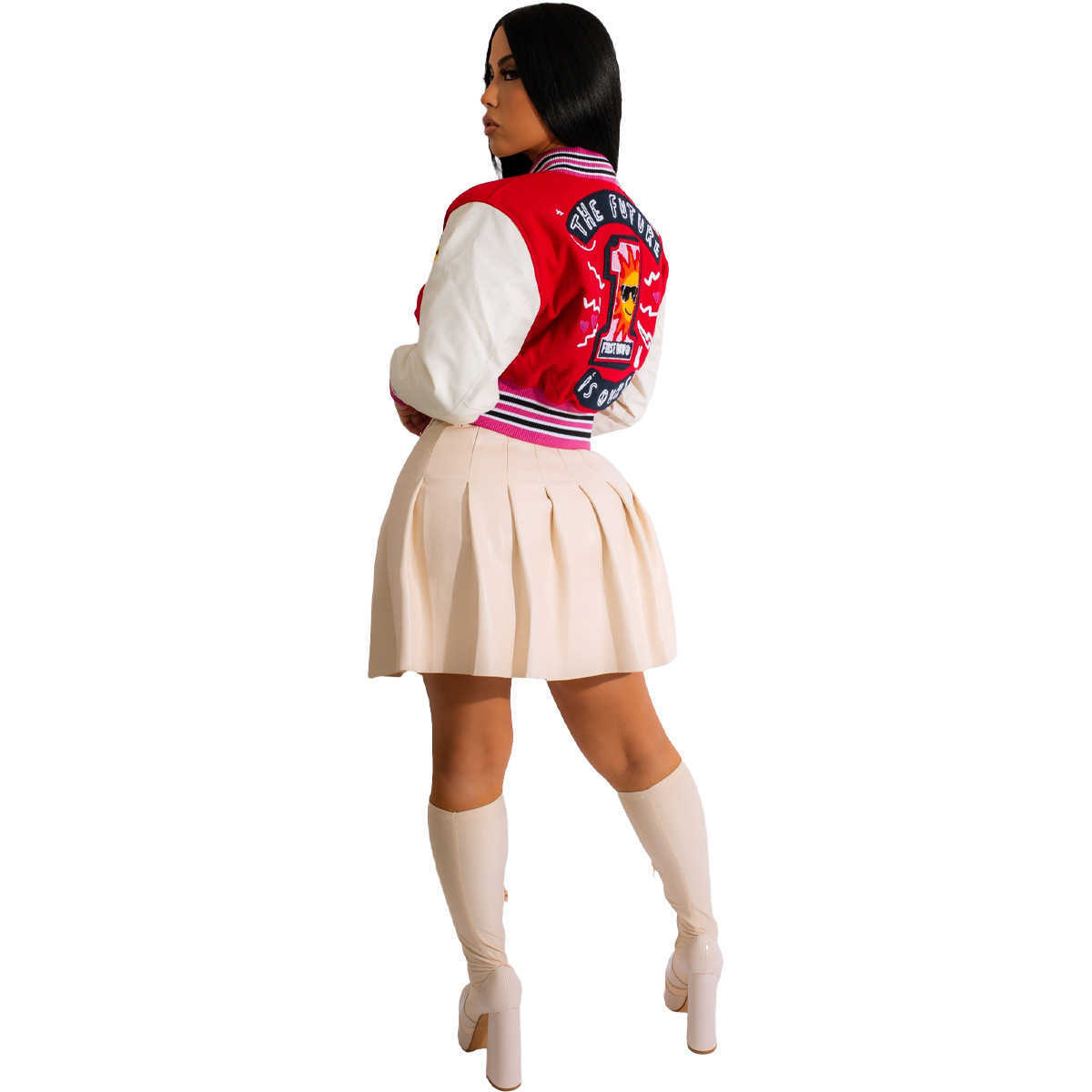 Autumn Winter New Women Baseball Uniform Jacket Girls Varsity Coat Designer Letter Print Patchwork Button Outdoor Wear Crop Top Top