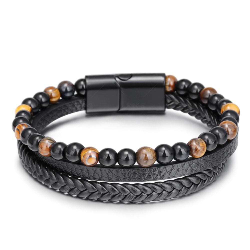 Simple Handwoven Leather Stone Tiger Eye Bracelet Bangle Cuff Wristband Braided Multilayer Wrap Men's Bracelets Hip Hop Fashion Jewelry