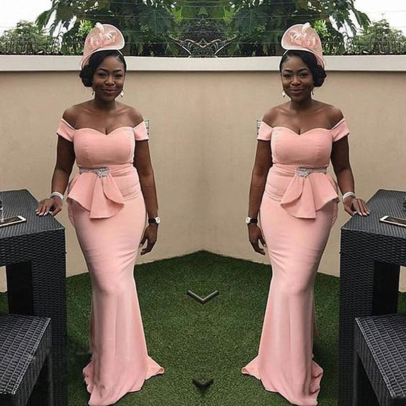 African Pink Mermaid Bridesmaid Dresses Long Off Shoulder Wedding Guest Dress Satin Cheap Formal Party Gowns