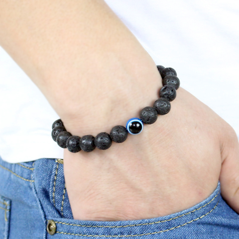 6mm 8mm 10mm bleu mauvais œil brin Bracelet dinde perles noires à la main femmes hommes élastique Bracelets bijoux