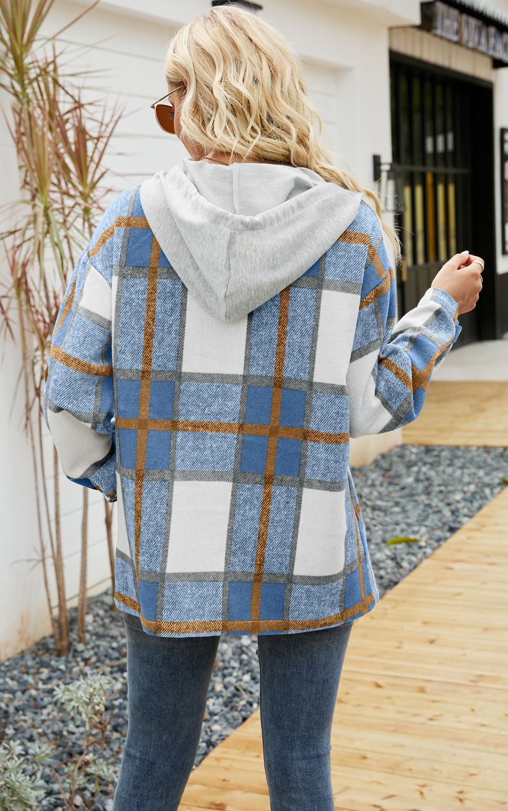 Women Plaid Print Hoodies Long Sleeve Loose Jacket Sweatshirts Button Drawstring Casual Fall Shirts with Pocket