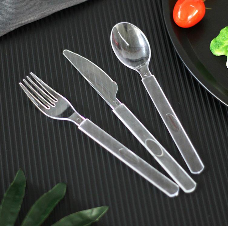 أدوات مائدة مدين يمكن التخلص منها شفافة سوداء من الدرجة البلاستيكية ملعقة بلاستيكية سميكة إضافية وشوكة حفلة النزهة أدوات المائدة SN4229