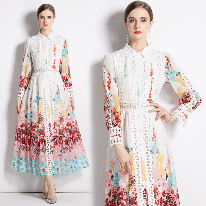 Женское печатное платье с длинным рукавом бутик-платье рубашки 2023 весеннее осеннее цветочное платье высокого класса.