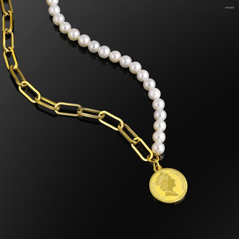 Girocollo KRKC Personalizzato 6mm Dainty Pearl Collana con pendente Queen in acciaio inossidabile placcato oro con graffetta carta con ciondolo253f