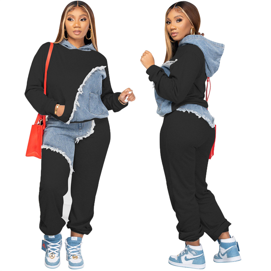 Trainingspakken Designer Tweedelige Set Vrouwen Denim Patchwork Lange Mouwen Hooded Sweatshirt Broek Outfits Jogging Sport Pak Mode Sportkleding K10465