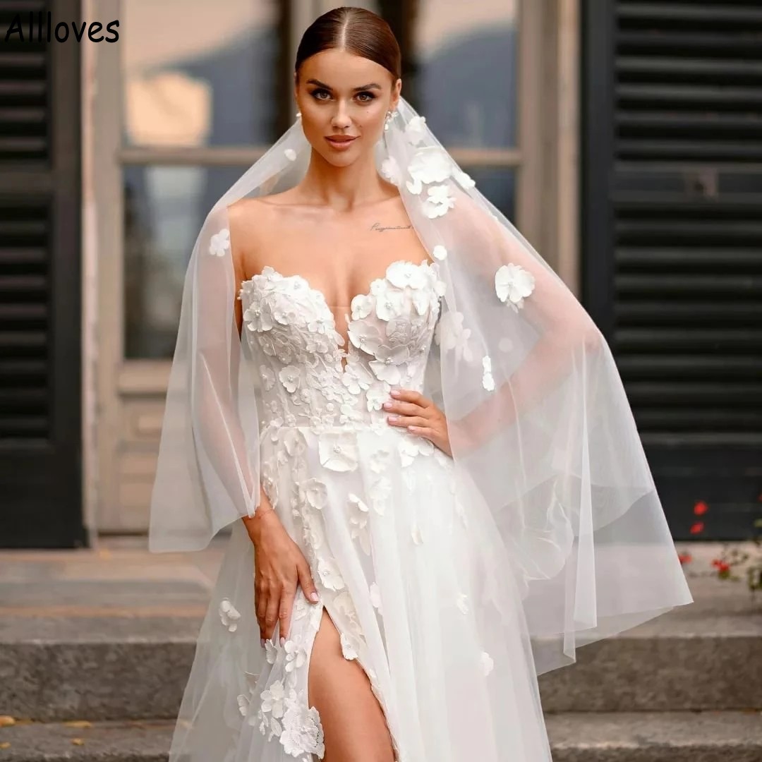 Appliques de dentelle florale blanche une ligne robes de mariée avec manches amovibles romantique tulle Boho jardin robes de mariée sexy fendu côté dos nu Robes de Mariee CL1310