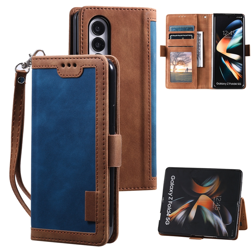 Zfold4 Case Business Hybrid Leather Wallet Case For Samsung Z Fold 4 5G Contrast Hit Color Credit ID Card slot H￥llare Flip Cover Men telefonp￥se med lanyard